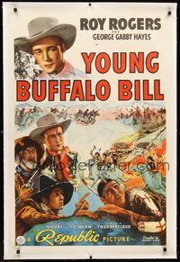 2s602 YOUNG BUFFALO BILL linen 1sh '40 cool artwork of Roy Rogers, Gabby Hayes & Chief Thundercloud!