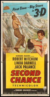 2t017 SECOND CHANCE 3sh '53 3-D, cool artwork of barechested Robert Mitchum & Linda Darnell!