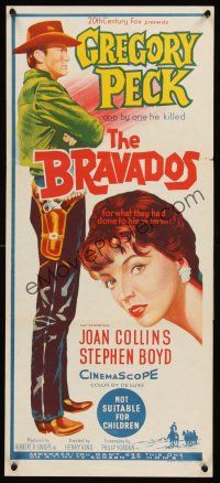2t197 BRAVADOS Aust daybill '58 full-length art of cowboy Gregory Peck with gun & sexy Joan Collins!