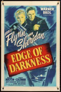 2t052 EDGE OF DARKNESS 1sh '42 great image of Errol Flynn & Ann Sheridan, both pointing guns!