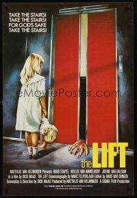 2t263 LIFT English 1sh '83 De Lift, wild creepy art of girl w/doll and bloody hand in elevator!