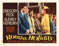 2t157 ROMAN HOLIDAY LC #2 '53 Audrey Hepburn with Gregory Peck & Eddie Albert at film's climax!