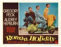 2t156 ROMAN HOLIDAY LC #1 '53 Audrey Hepburn, Gregory Peck & Eddie Albert all riding on Vespa!