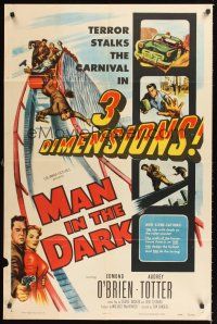 2t030 MAN IN THE DARK 1sh '53 really cool 3-D art of men fighting on rollercoaster!