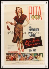 2t008 MISS SADIE THOMPSON linen 1sh '53 sexy Rita Hayworth swinging purse & turning it on in 3-D!