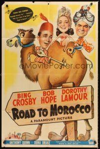 2t077 ROAD TO MOROCCO style A 1sh '42 wacky art of Bob Hope, Bing Crosby & Dorothy Lamour on camel!