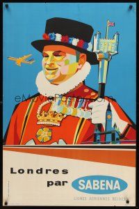 2t265 LONDRES PAR SABENA travel poster '60s Gaston van den Eynde art of beefeater guard!