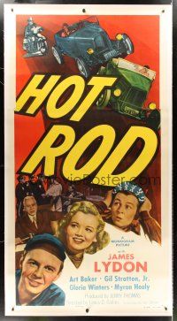 2w281 HOT ROD linen 3sh '50 Jimmy Lydon, cool hot rod car racing police chase artwork!