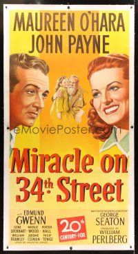 2w287 MIRACLE ON 34th STREET linen 3sh '47 Maureen O'Hara, John Payne, Edmund Gwenn, Natalie Wood!