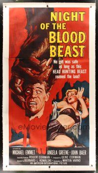 2w290 NIGHT OF THE BLOOD BEAST linen 3sh '58 art of sexy girl & monster hand holding severed head!