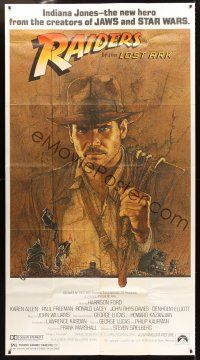 2w312 RAIDERS OF THE LOST ARK 3sh '81 great art of adventurer Harrison Ford by Richard Amsel!