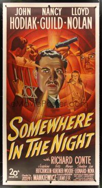 2w296 SOMEWHERE IN THE NIGHT linen 3sh '46 John Hodiak, Nancy Guild, cool stone litho noir montage!