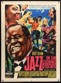 2w257 JAZZ ON A SUMMER'S DAY linen Italian 1p '60 wonderful c/u art of Louis Armstrong by Manfredo!