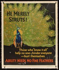 2w223 MATHER & COMPANY linen 36x43 motivational poster 1929 Elmes art of peacock who merely struts!