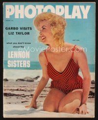 2x098 PHOTOPLAY magazine August 1958 portrait of sexy Janet Leigh in swimsuit on the beach!