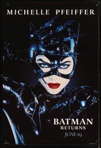 2y167 BATMAN RETURNS teaser 1sh '92 Michelle Pfeiffer as Catwoman, Tim Burton directed!