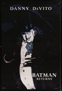 2y166 BATMAN RETURNS teaser 1sh '92 great image of Danny DeVito as the Penguin!