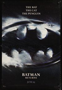 2y168 BATMAN RETURNS teaser 1sh '92 Tim Burton, the bat, the cat, the penguin!