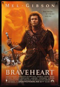 2y209 BRAVEHEART advance 1sh '95 cool image of Mel Gibson as William Wallace!