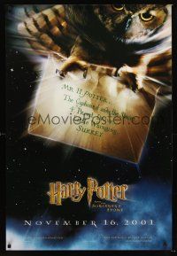 2y418 HARRY POTTER & THE PHILOSOPHER'S STONE teaser DS 1sh '01 image of Hedwig the owl carrying letter!