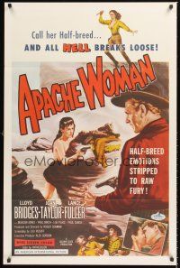 2z060 APACHE WOMAN 1sh '55 art of naked cowgirl in water pointing gun at Lloyd Bridges!