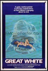 2z328 GREAT WHITE style A 1sh '82 great artwork of huge shark attacking sexy girl in bikini on raft!