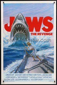 2z384 JAWS: THE REVENGE 1sh '87 great artwork of shark attacking ship, this time it's personal!