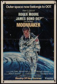 2z522 MOONRAKER style A advance 1sh '79 art of Roger Moore as James Bond in space by Gouzee!