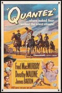 2z609 QUANTEZ 1sh '57 artwork of Fred MacMurray & sexy Dorothy Malone with torn shirt!