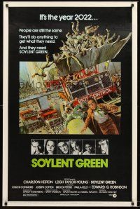 2z719 SOYLENT GREEN 1sh '73 art of Charlton Heston trying to escape riot control by John Solie!