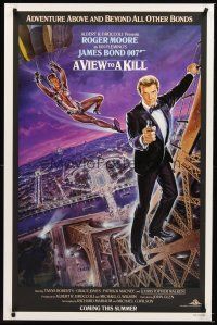 2z822 VIEW TO A KILL advance 1sh '85 art of Moore as Bond & Grace Jones in parachute by Gouzee!
