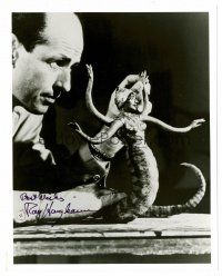 3a337 RAY HARRYHAUSEN signed 8x10 REPRO still '90s the master animator with one of his creations!