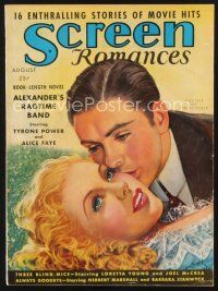 3a120 SCREEN ROMANCES magazine August 1938 art of Tyrone Power & Alice Faye by Earl Christy!