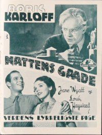 3a430 NIGHT KEY/LUCKIEST GIRL IN THE WORLD Danish program '37 Boris Karloff, Louis Hayward & Wyatt