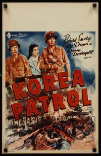 3b397 KOREA PATROL Belgian '51 cool Korean War artwork of soldiers watching tank & bridge blown up!