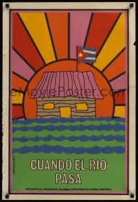 3b190 CUANDO EL RIO PASO Cuban '87 Guillermo Centeno, Emeria art of sunset & Cuban flag!