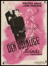 3b589 INVISIBLE WOMAN Danish '47 Virginia Bruce, John Barrymore, sexy Lundvald silhouette art!