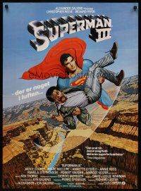 3b649 SUPERMAN III Danish '83 art of Christopher Reeve flying with Richard Pryor by L. Salk!