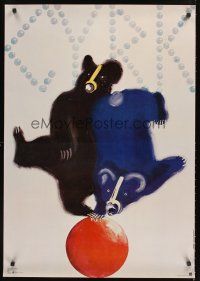 3b489 CYRK Polish commercial 27x38 circus poster '79 art of circus bears on ball by Krzysztoforski!