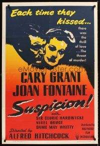 3b088 SUSPICION South African R50s Alfred Hitchcock, silkscreen of Cary Grant & Joan Fontaine!