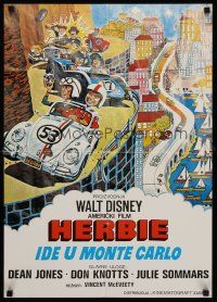 3b303 HERBIE GOES TO MONTE CARLO Yugoslavian '77 Disney, wacky art of Volkswagen Beetle car racing!
