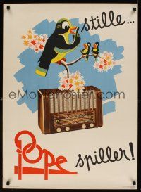 3c235 POPE Danish 24x33 advertising poster '50s great artwork of songbirds listening to radio!