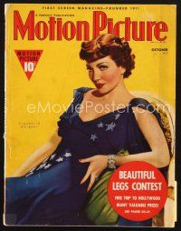 3d104 MOTION PICTURE magazine October 1938 seated portrait of Claudette Colbert in patriotic dress!