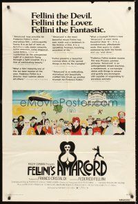 3e034 AMARCORD reviews 1sh '74 Federico Fellini classic comedy, great wacky artwork!