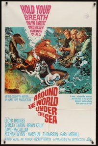 3e046 AROUND THE WORLD UNDER THE SEA 1sh '66 Lloyd Bridges, great scuba diving fantasy art!