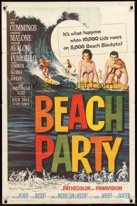 3e069 BEACH PARTY 1sh '63 Frankie Avalon & Annette Funicello riding a wave on surf boards!