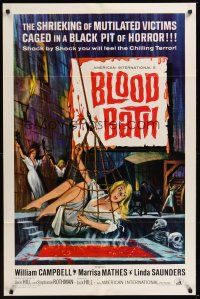 3e089 BLOOD BATH 1sh '66 AIP, art of sexy shrieking girl being lowered into a pit of horror!