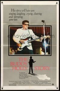 3e115 BUDDY HOLLY STORY 1sh '78 great image of Gary Busey performing on stage with guitar!