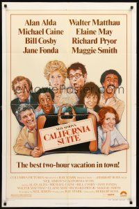 3e129 CALIFORNIA SUITE style B 1sh '78 Alan Alda, Michael Caine, Fonda, all-star cast Drew art!