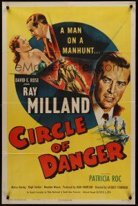 3e162 CIRCLE OF DANGER 1sh '51 Ray Milland is a man on a manhunt, directed by Jacques Tourneur!